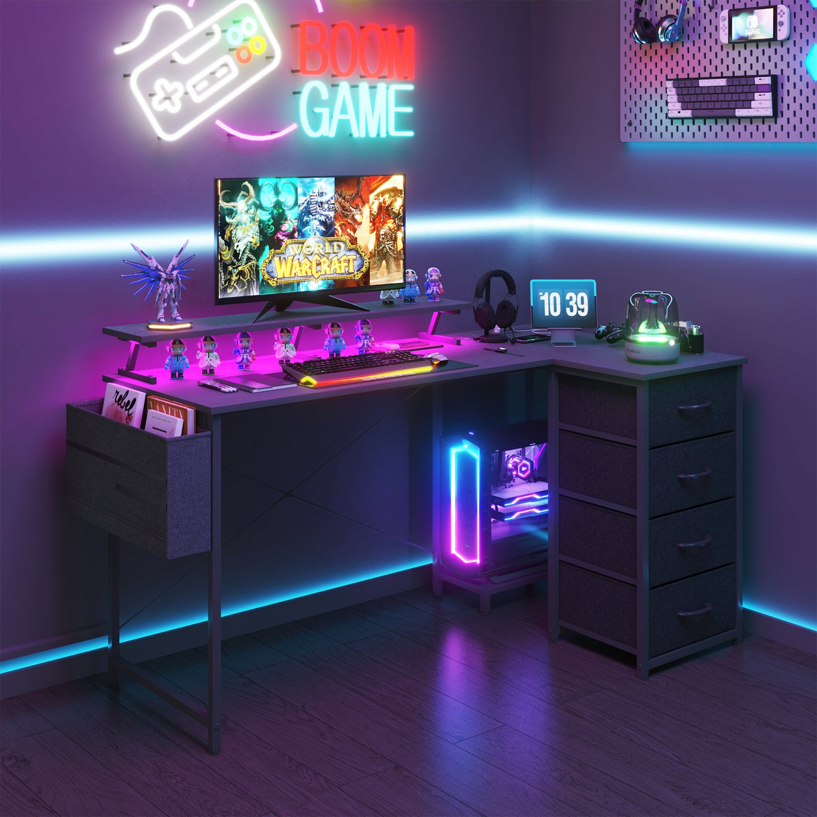 Advwin L Shaped Gaming Desk with LED Lights Black