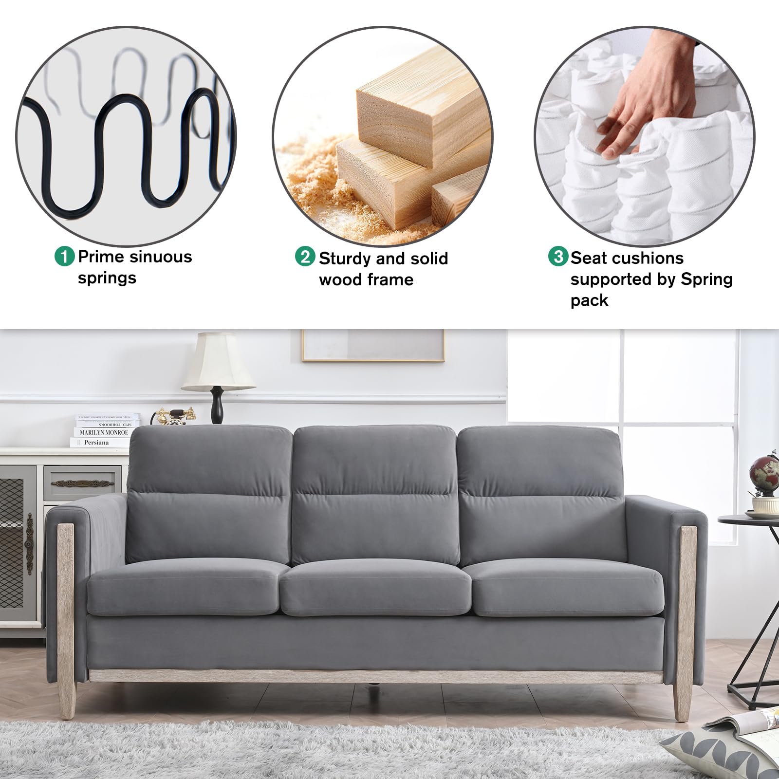 Modern Beige/Grey Comfortable 3-Seater Fabric Upholstered Sofa with Solid Wood Frame for Living Room