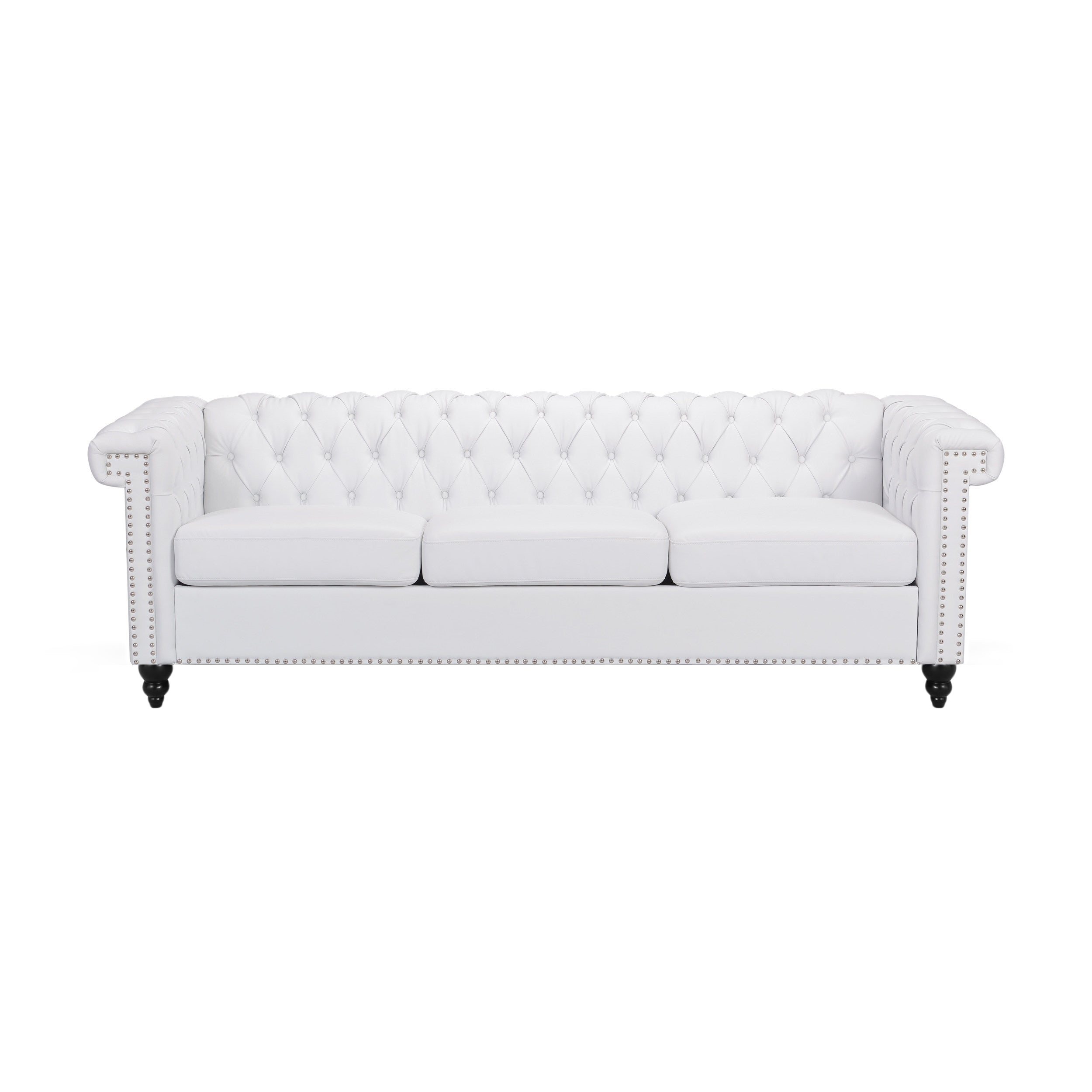 Chesterfield White PU Leather/Emerald Green Velvet Button-Tufted 3-Seater Sofa