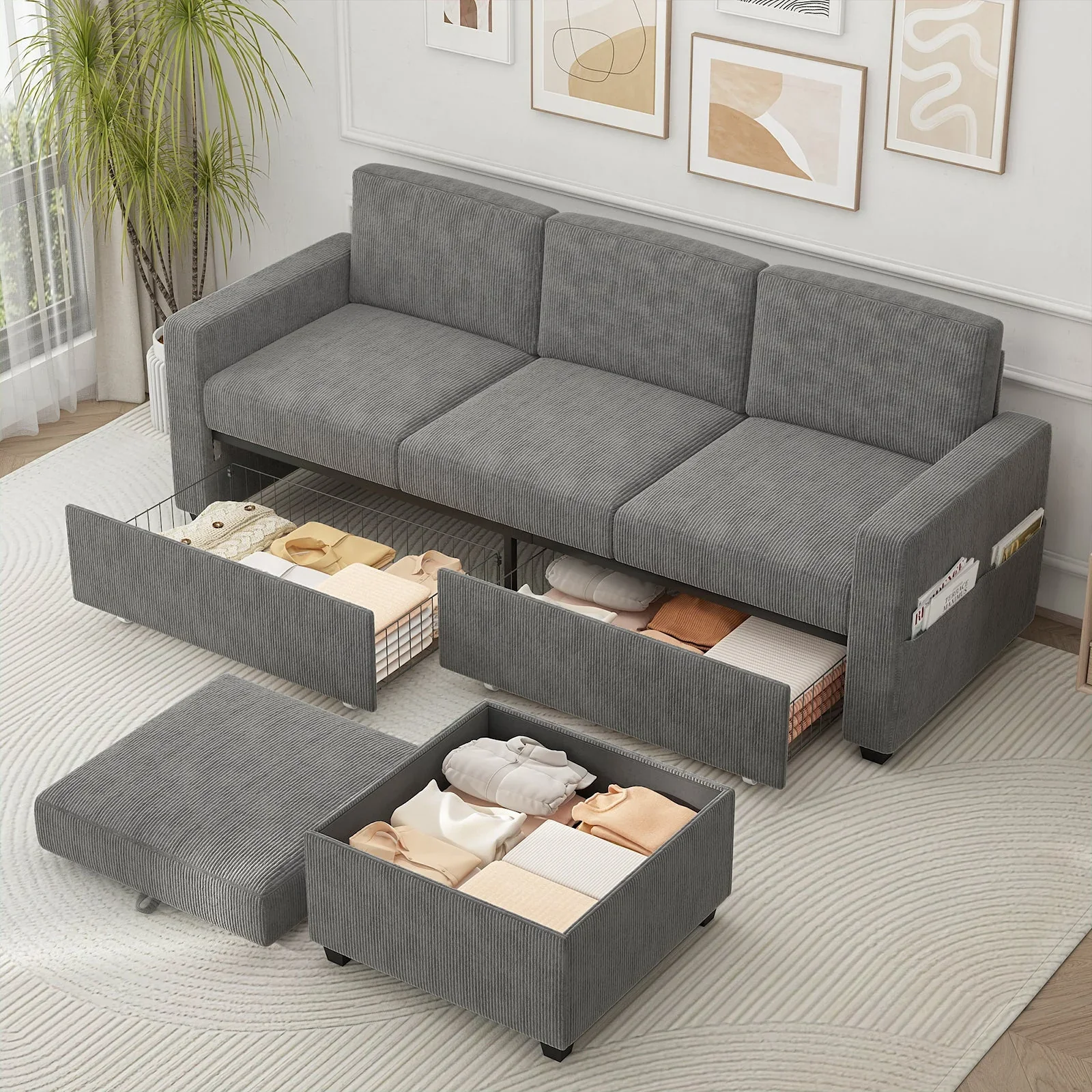 Advwin 3 Seater Sofa 197cm with Storage Ottoman Grey