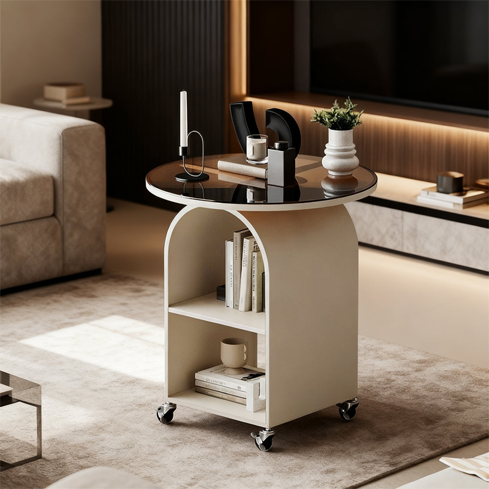 Mobile Round Side Table: For Living Room (Beside Sofa), Bedroom (Beside Bed) | Iron Frame, Glass Top