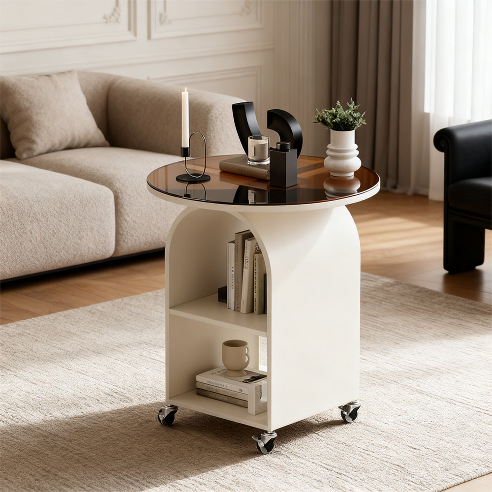 Mobile Round Side Table: For Living Room (Beside Sofa), Bedroom (Beside Bed) | Iron Frame, Glass Top
