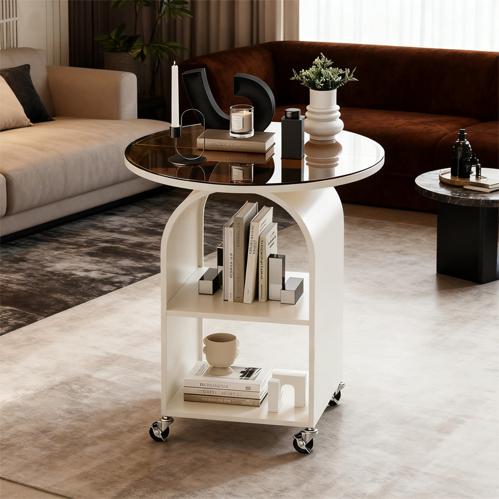 Mobile Round Side Table: For Living Room (Beside Sofa), Bedroom (Beside Bed) | Iron Frame, Glass Top