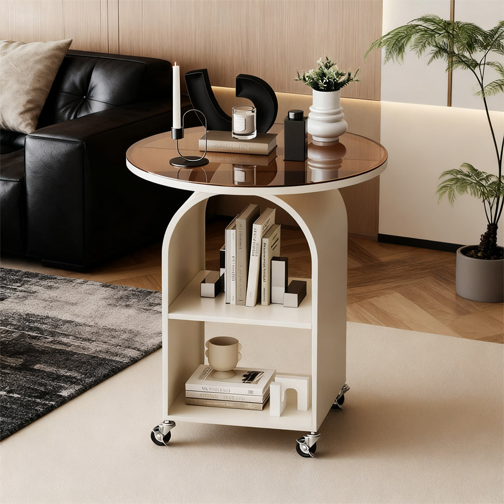 Mobile Round Side Table: For Living Room (Beside Sofa), Bedroom (Beside Bed) | Iron Frame, Glass Top