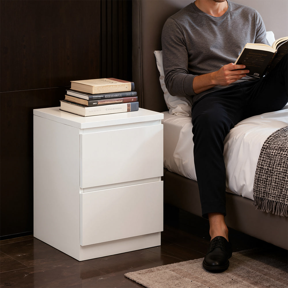 JUKEY Modern Simple Bedroom Double Drawers Nightstand – White 38*40*55cm