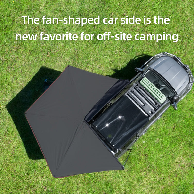 270 degree car side tent for sun and rain protection, aluminum alloy black rubber canopy on the side, SUV outdoor quick opening, side fan-shaped tent