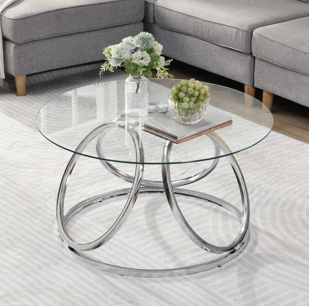 Tempered Glass Coffee Table, Round Coffee Table with Ring Metal Frame, Modern Circle Coffee for Living Room
