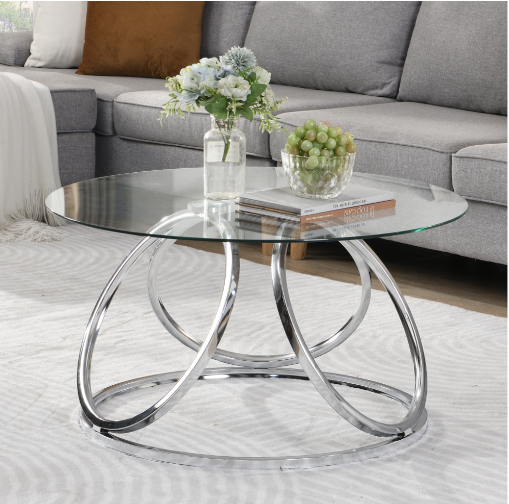 Tempered Glass Coffee Table, Round Coffee Table with Ring Metal Frame, Modern Circle Coffee for Living Room