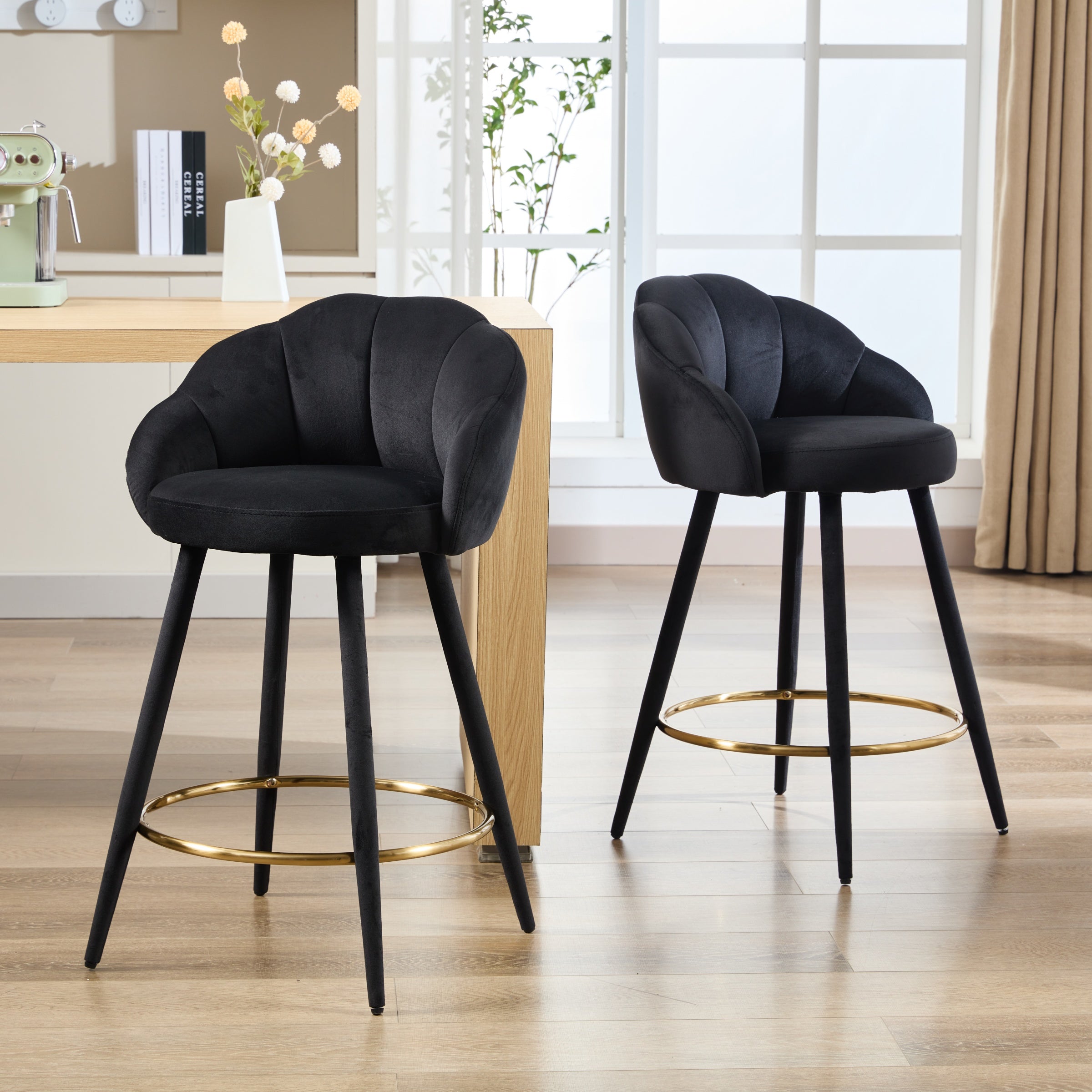Velvet Upholstered Counter Barstools Set of 2, Modern Bar Stools with Petal Back & Golden Footrest