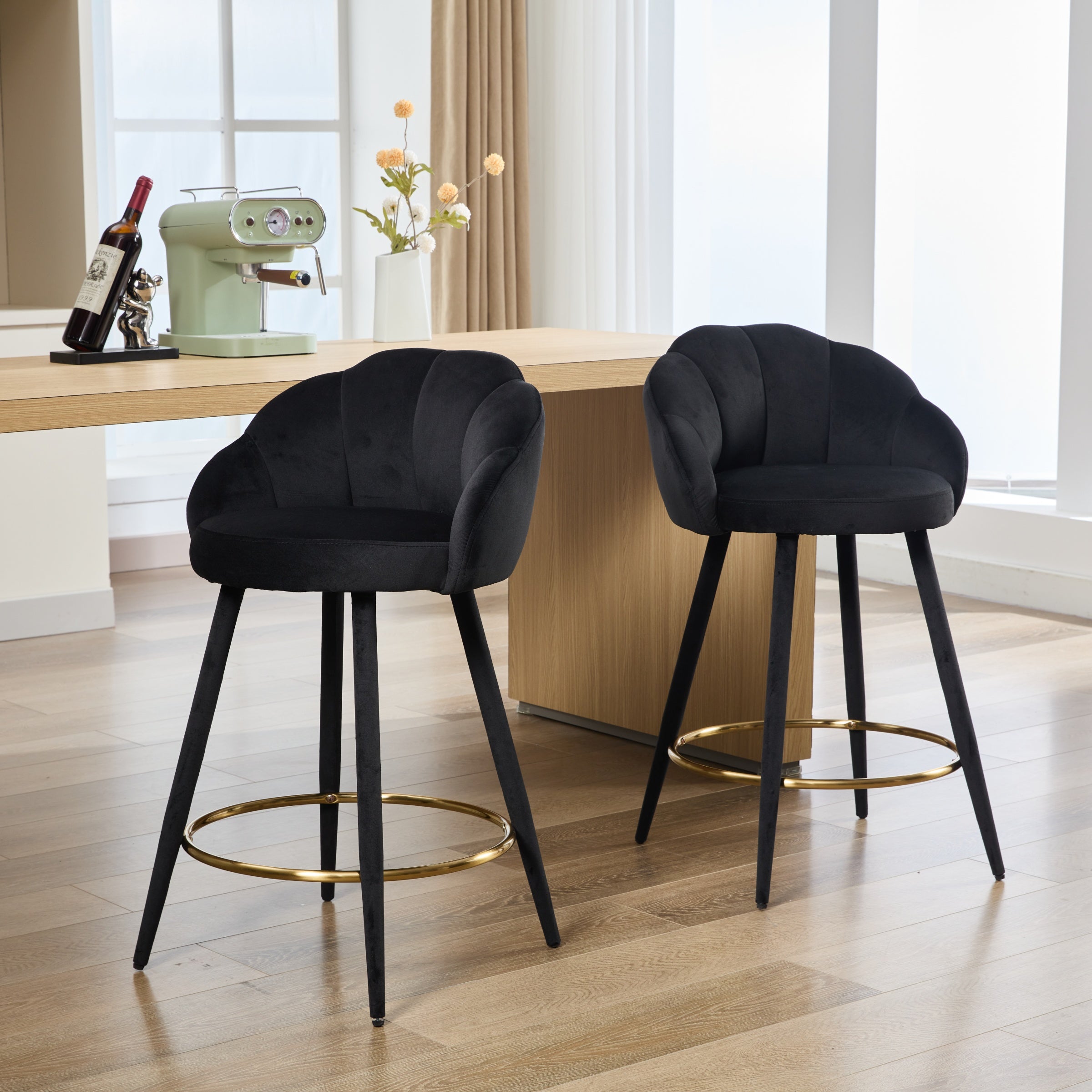 Velvet Upholstered Counter Barstools Set of 2, Modern Bar Stools with Petal Back & Golden Footrest