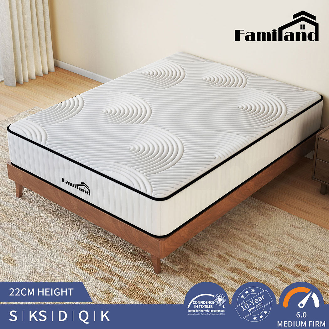 Familand Queen Double King Single Mattress Pocket Spring Memory Foam 22cm White