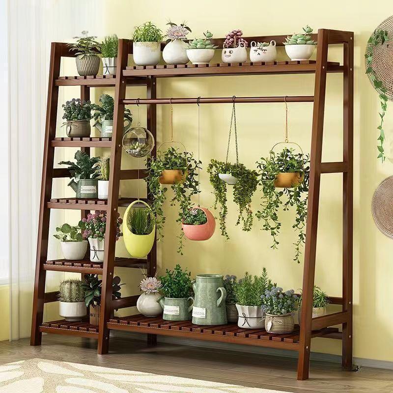 Wooden Plant Stand with Multi-Tier Shelves and Hanging Rod – Indoor & Outdoor Garden Display Rack.A-HJ14