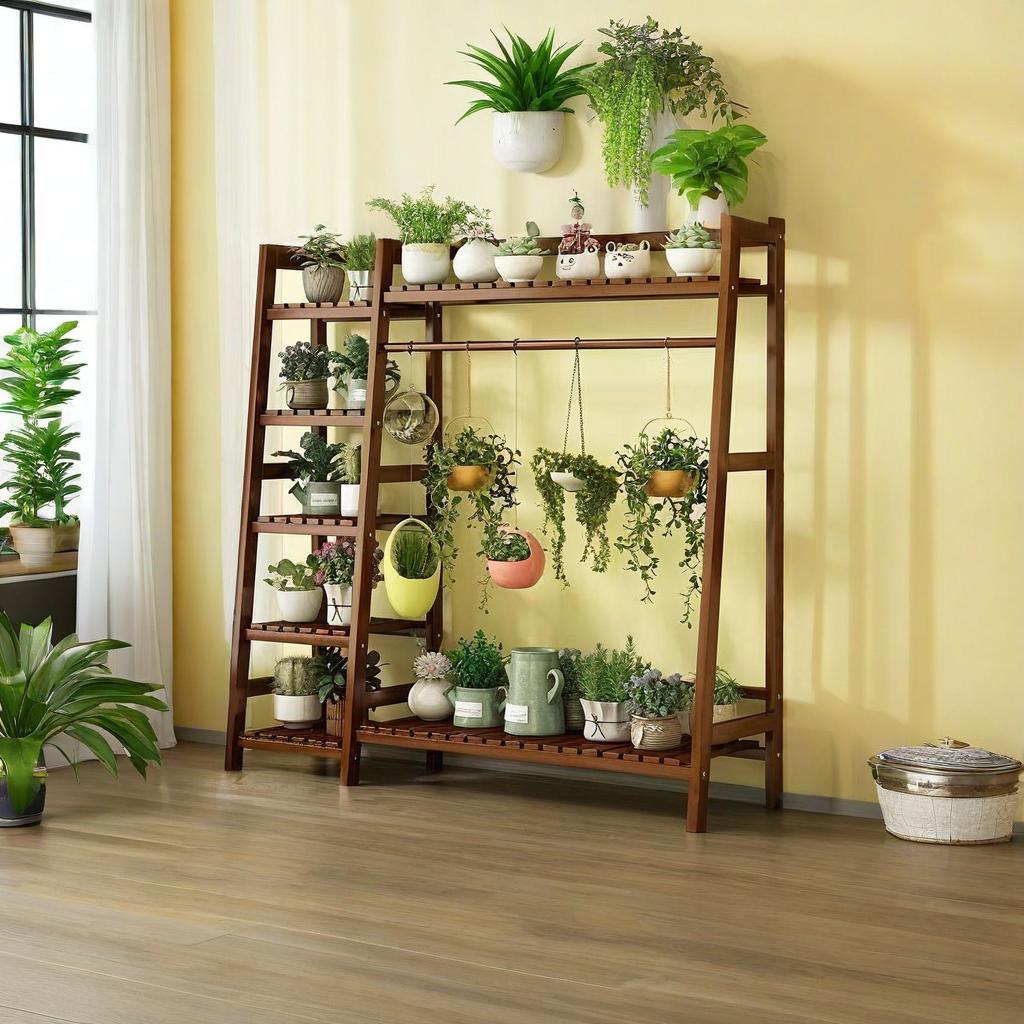 Wooden Plant Stand with Multi-Tier Shelves and Hanging Rod – Indoor & Outdoor Garden Display Rack.A-HJ14