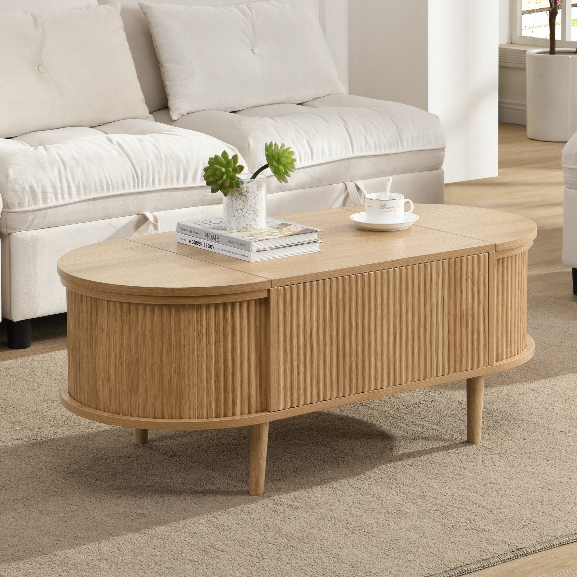 Lift-Top Coffee Table with Hidden Storage for Living Room, Oak