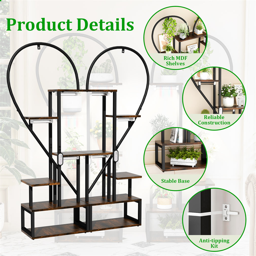 Vintage 2pcs Wood & Metal Heart-Shape Plant Flower Shelf Stand with Grow Lights
