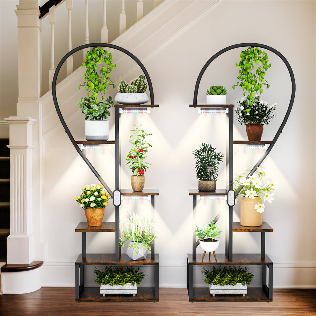 Vintage 2pcs Wood & Metal Heart-Shape Plant Flower Shelf Stand with Grow Lights