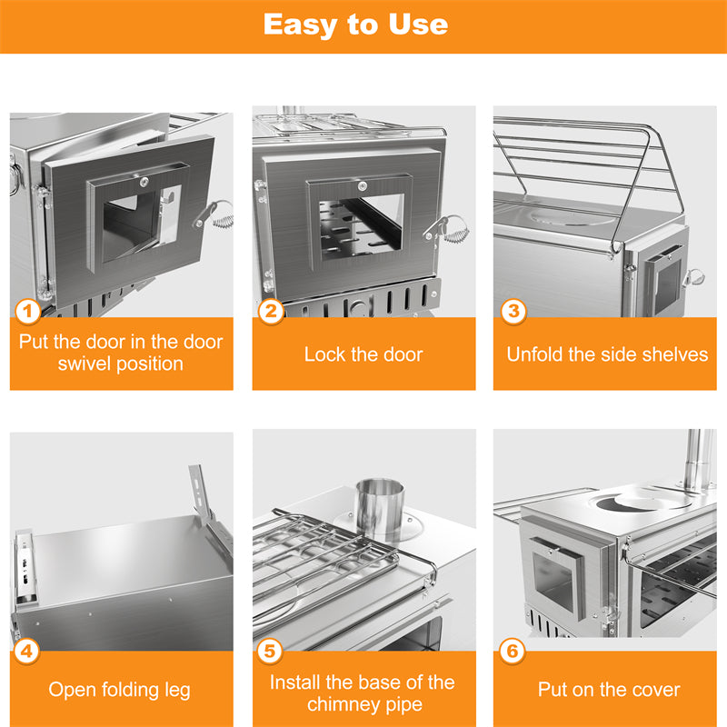 Stainless Steel Large Portable Camping Wood Stove Hot Tent Stove w/ Chimney Pipe