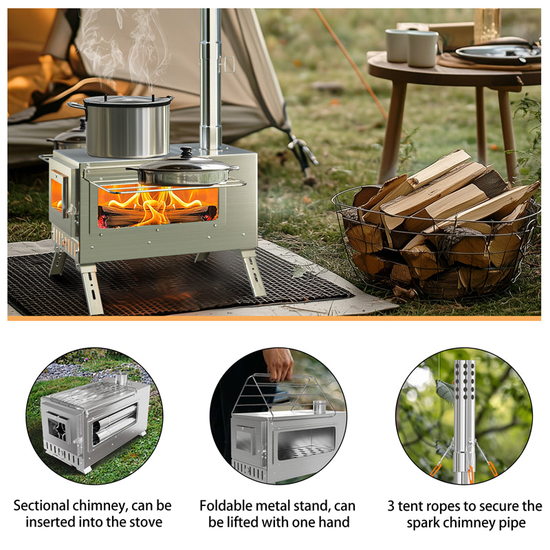 Stainless Steel Large Portable Camping Wood Stove Hot Tent Stove w/ Chimney Pipe