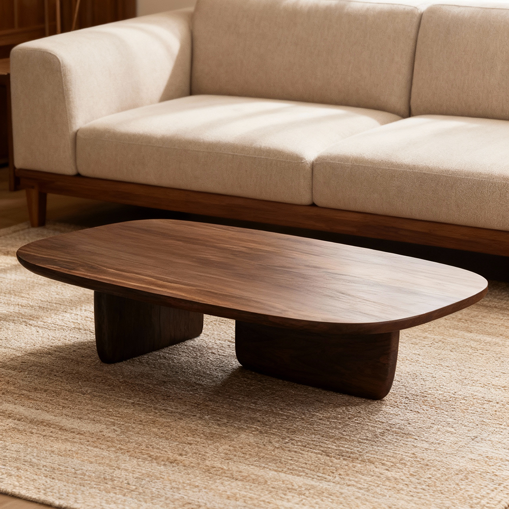 Eeeza Modern Solid Wood Coffee Table – Sculpted Minimalism with Everyday Utility