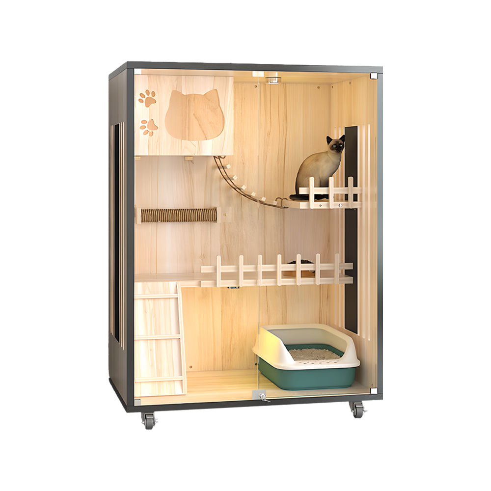 Eeeza Luxury Cat Villa – Multi-Layer Cabinet with Glass Doors and LED Light