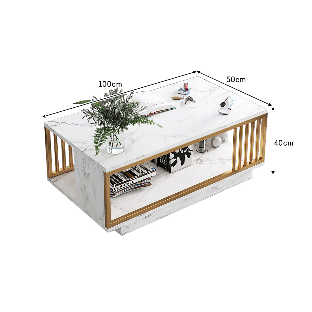 Eeeza Modern Faux Marble Coffee Table – Dual-Layer Storage, Gold Frame, 100/120cm Sizes
