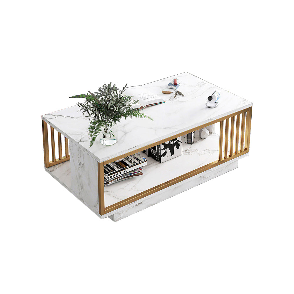 Eeeza Modern Faux Marble Coffee Table – Dual-Layer Storage, Gold Frame, 100/120cm Sizes