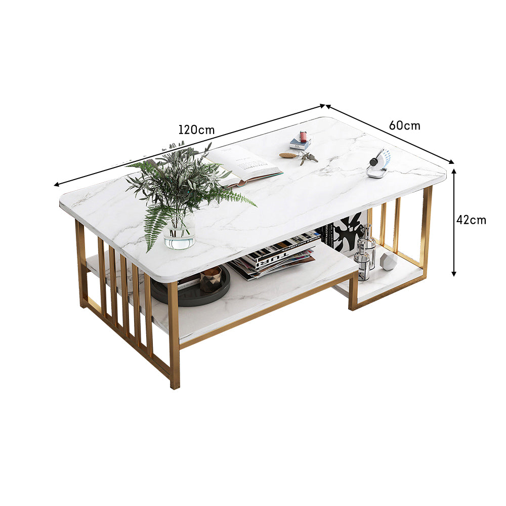 Eeeza Modern Faux Marble Coffee Table – Dual-Layer Storage, Gold Frame, 100/120cm Sizes