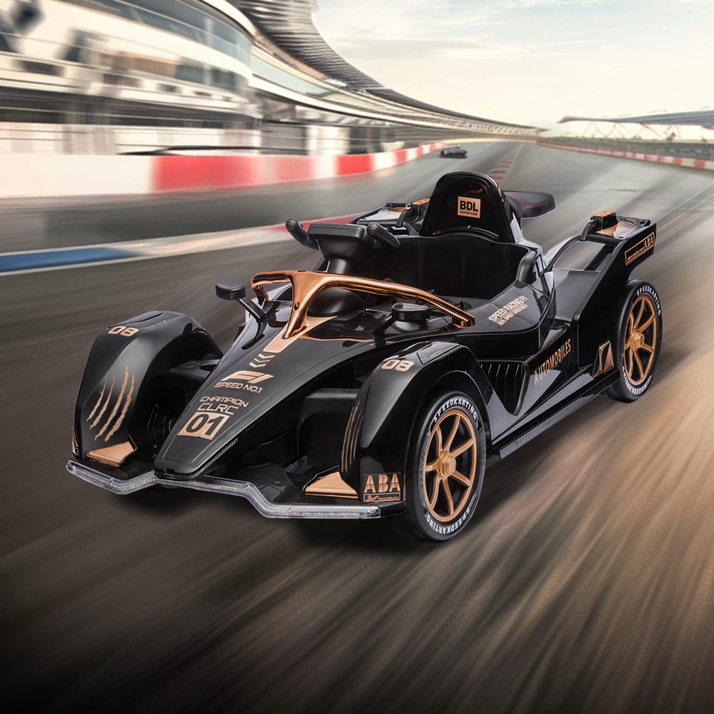 Eeeza 12V 7Ah Dual Drive Electric Go-Kart for Kids with Remote, MP3, and LED Lights