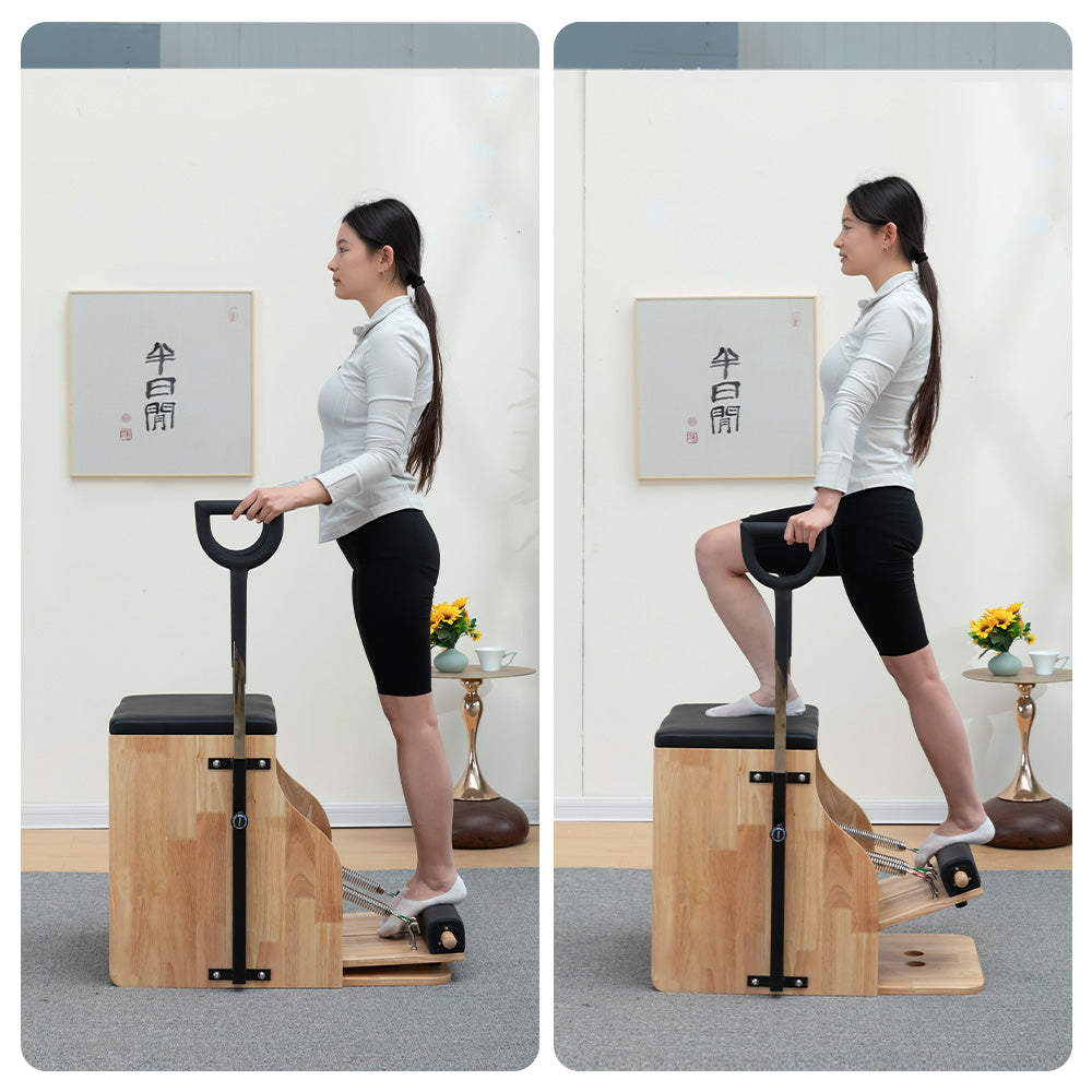 Eeeza Wooden Pilates Chair – Compact Dual Handle Wunda Chair with Rubberwood Frame