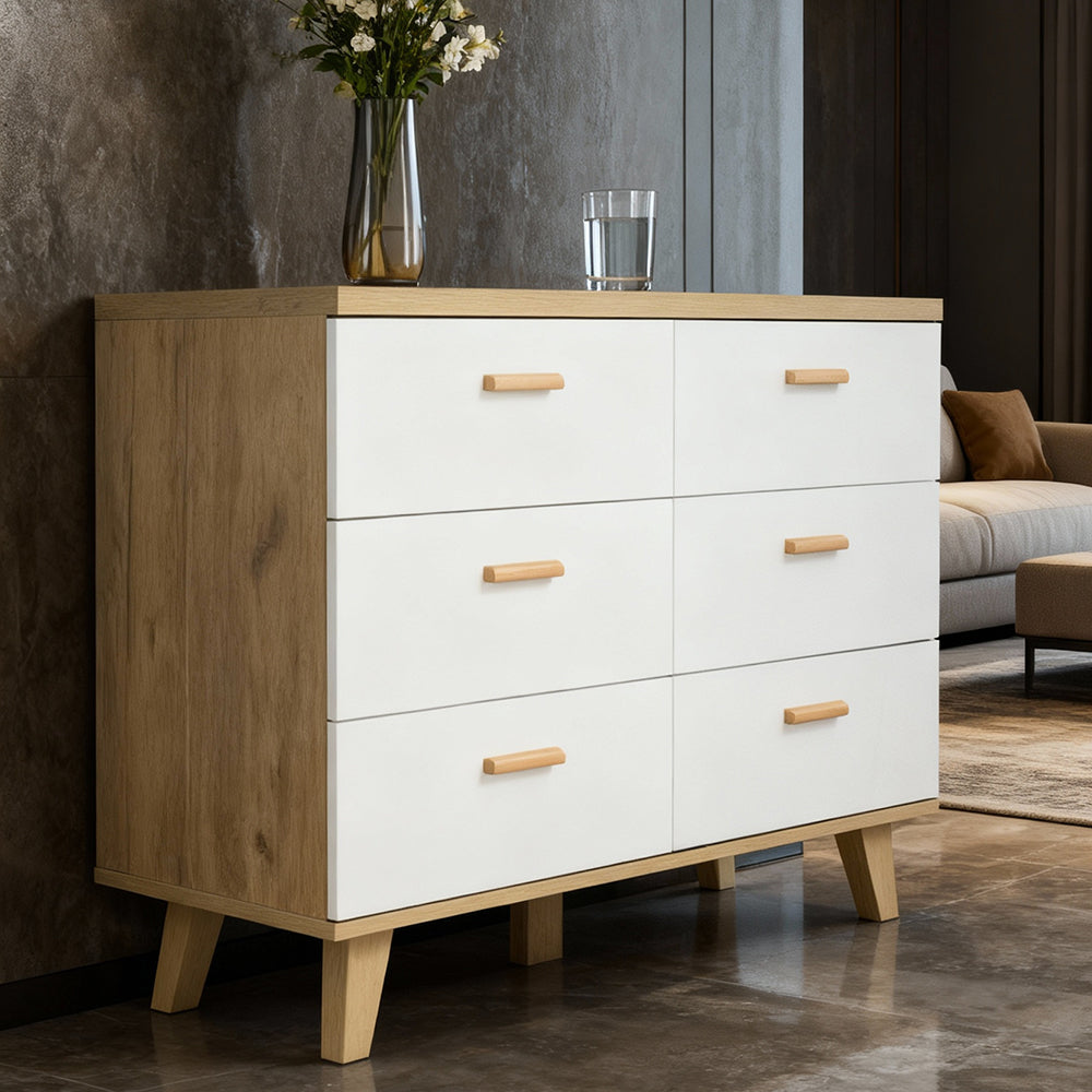 Eeeza 6-Drawer Wooden Storage Dresser with Solid Wood Frame and Soft-Close Slides
