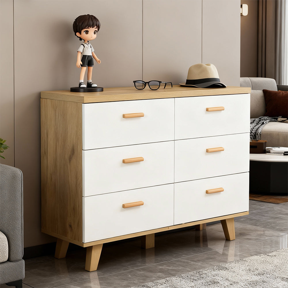 Eeeza 6-Drawer Wooden Storage Dresser with Solid Wood Frame and Soft-Close Slides