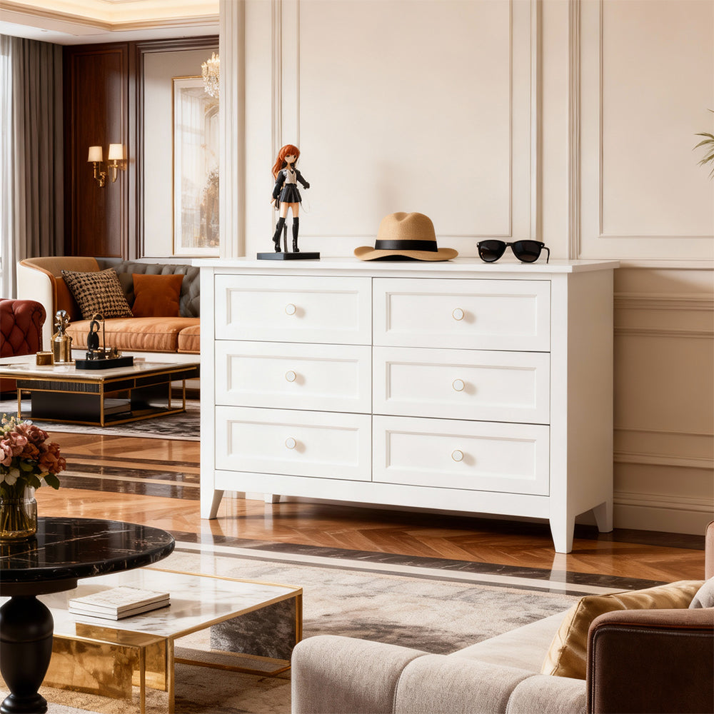 Eeeza 6 Drawer White Dresser – Large Storage Cabinet with Solid Wood Frame for Bedroom & Living Room