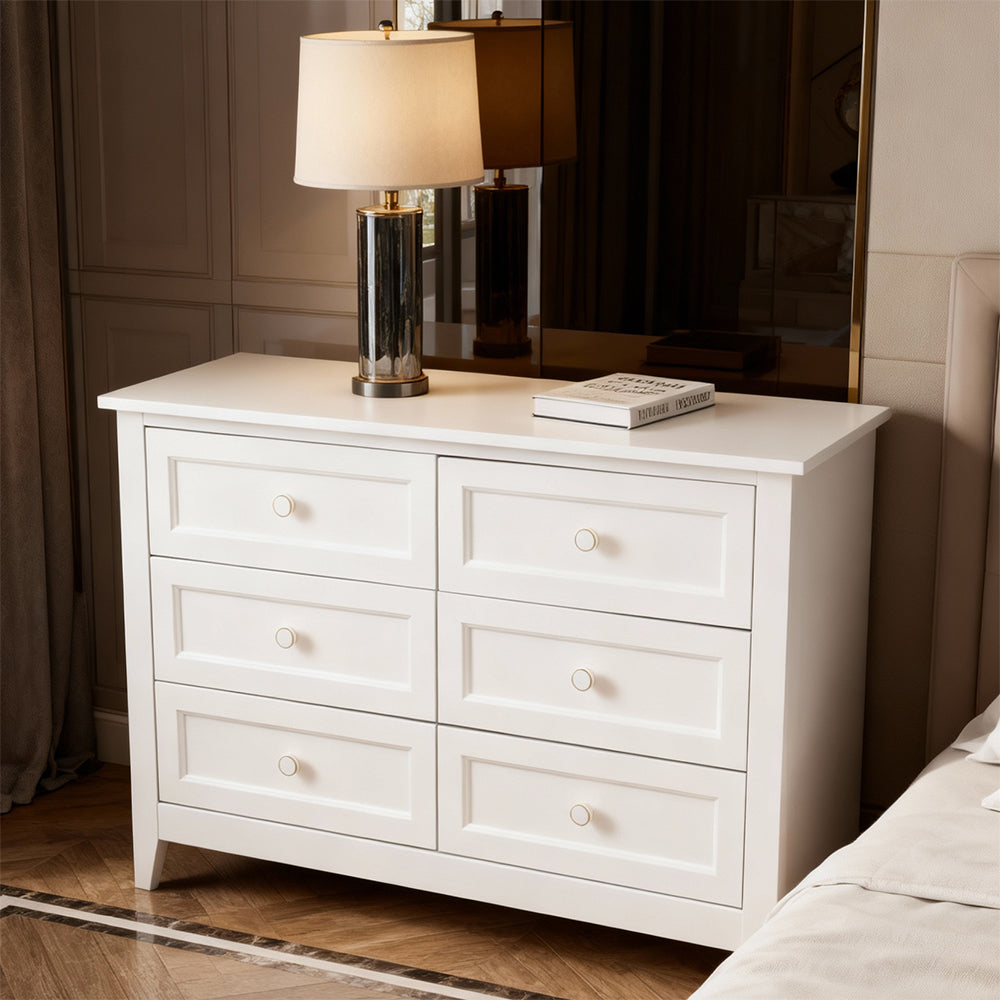 Eeeza 6 Drawer White Dresser – Large Storage Cabinet with Solid Wood Frame for Bedroom & Living Room
