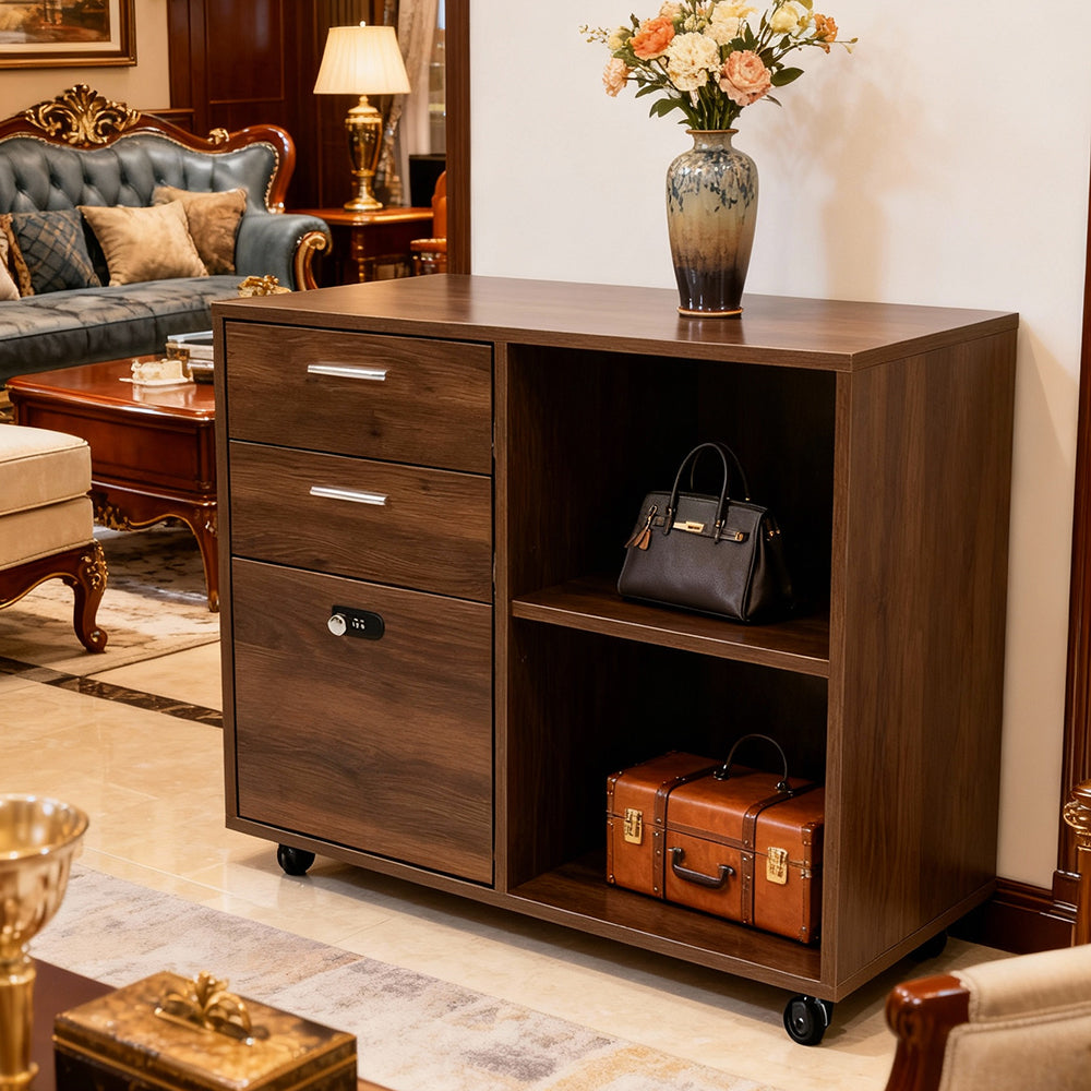 Eeeza 2-Drawer Locking Filing Cabinet with Open Shelf – Mobile Printer Stand for Home Office