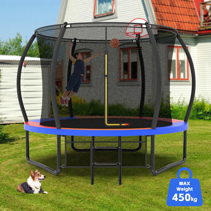 Full-Feature Round 8′ Trampoline: Sunshade, Safety Net and Hoop For Kids