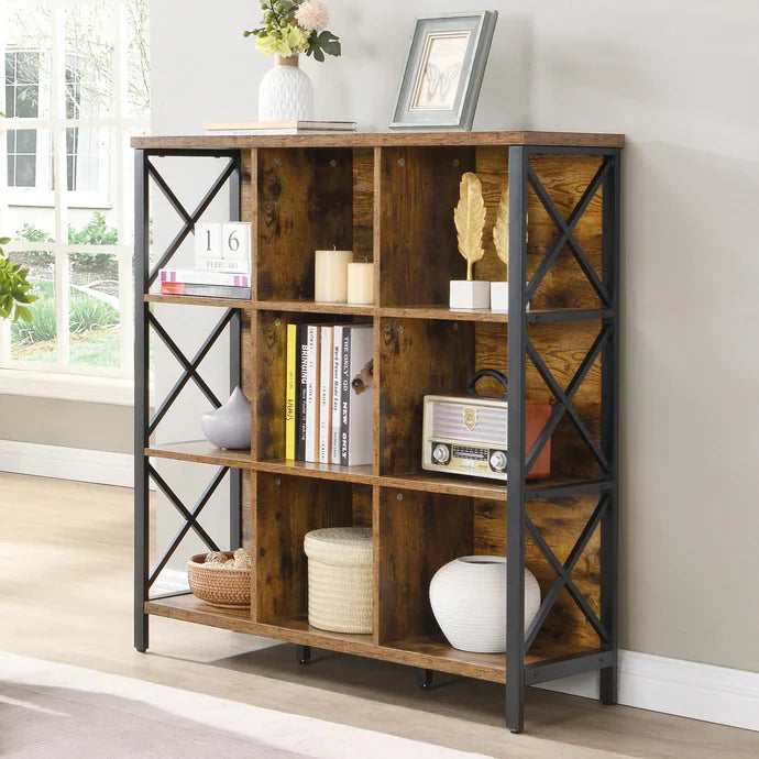 Rustic 9-Cube Storage Organizer Shelf – Industrial 4-Tier Cubby Bookcase (C-MQCS02-BN)