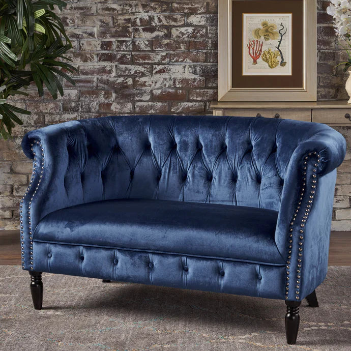 Baroque Navy Velvet Loveseat – Elegant Comfort for Your Living Space