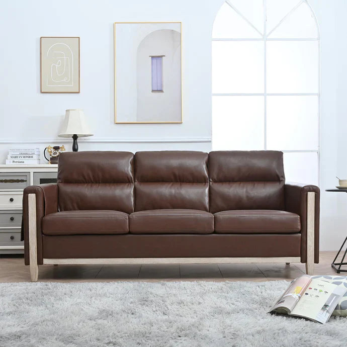 Modern Brown PU Leather 3-Seater Sofa with Storage Pocket and Soft Cushions