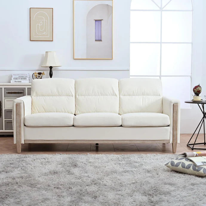 Stylish Beige Upholstered Sofa with Solid Wood Legs – 3-Seater Comfort