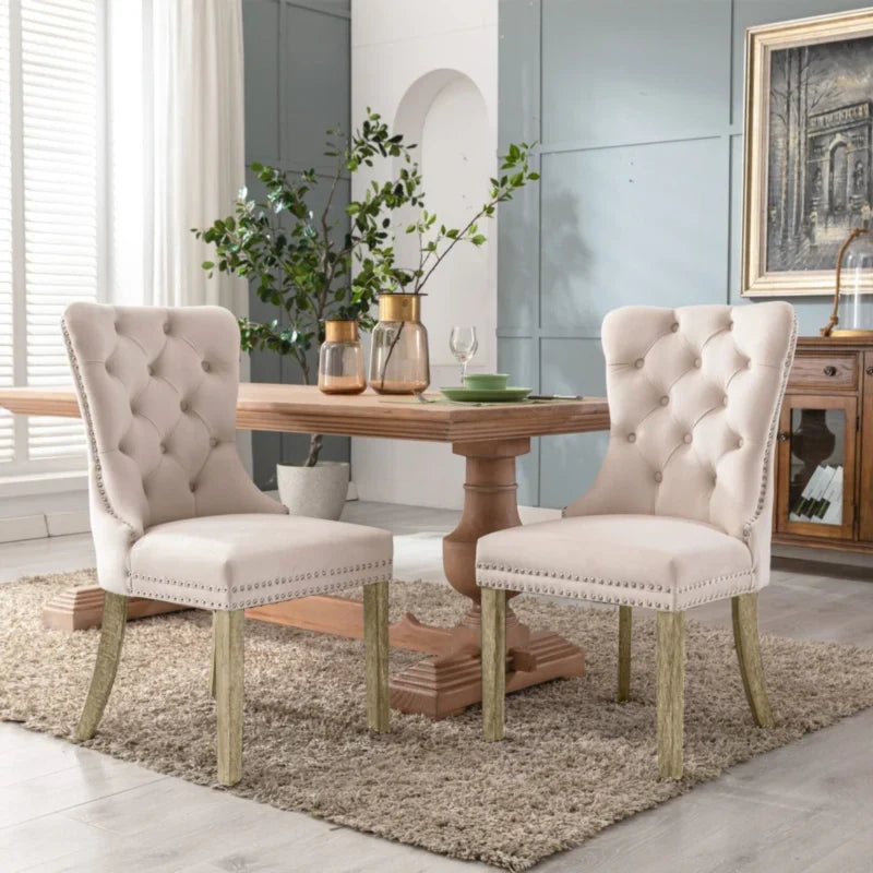 Set of 2 Beige Velvet Dining Chairs with Wooden Legs and Accent Detailing