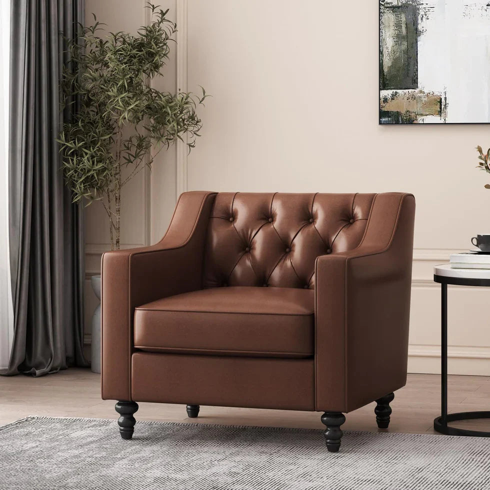 Light Brown Button-Tufted Club Chair with Ergonomic PU Leather Finish