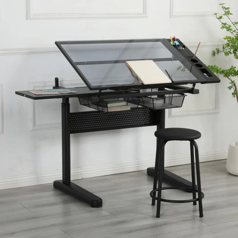 Hand Crank Adjustable Drafting Table with Metal Drawers and Stool