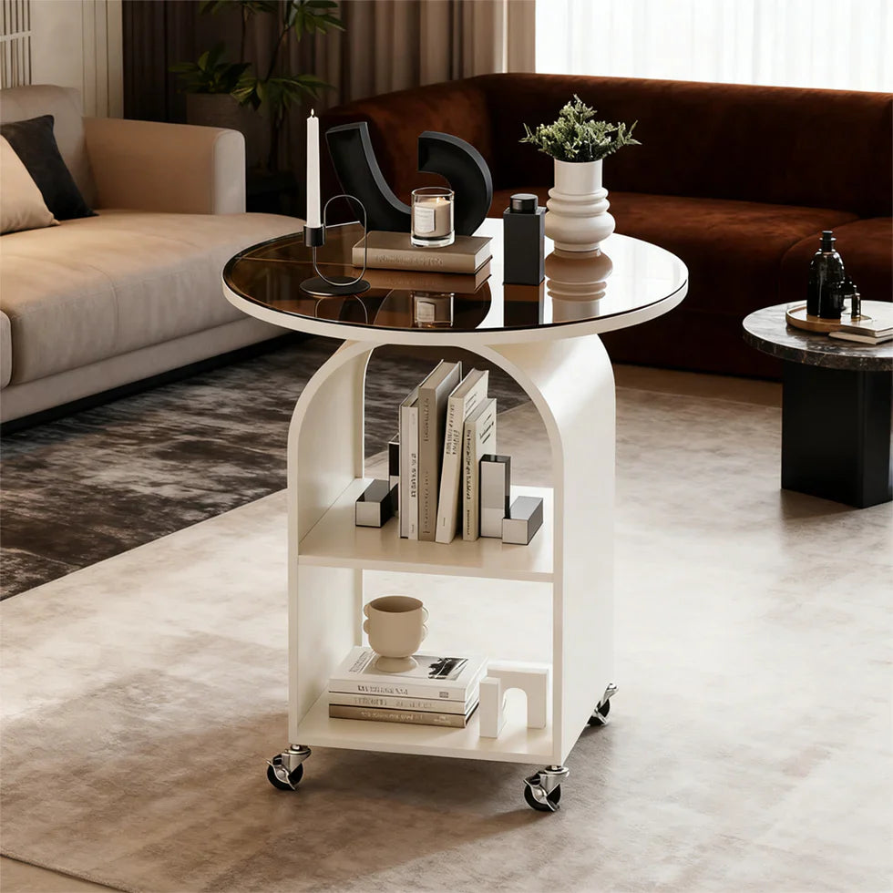 Mobile Round Side Table Iron Frame Glass Top — Aussie Home Essential