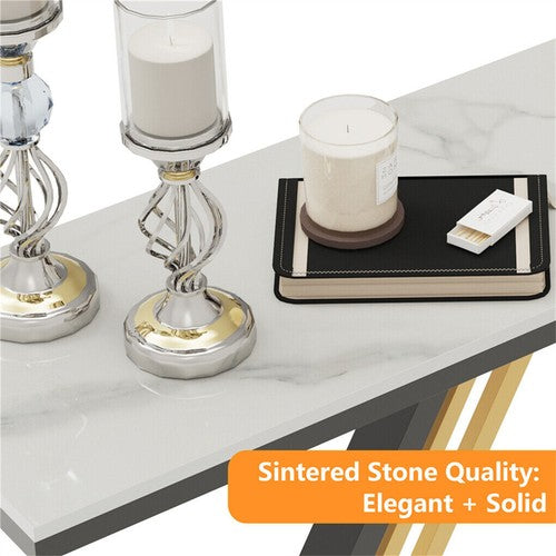 Solid Marble Console Table Entryway Table Hexagon Metal Frame Sofa Behind Table