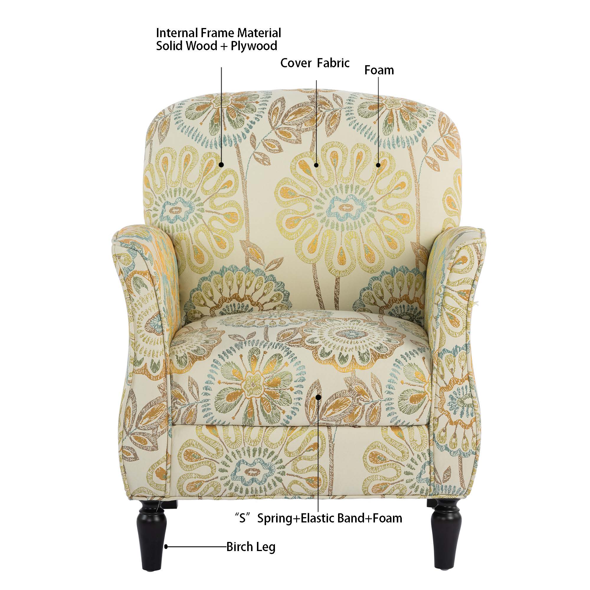 Vintage Floral Accent Armchair for Living Room, Fabric, Birch