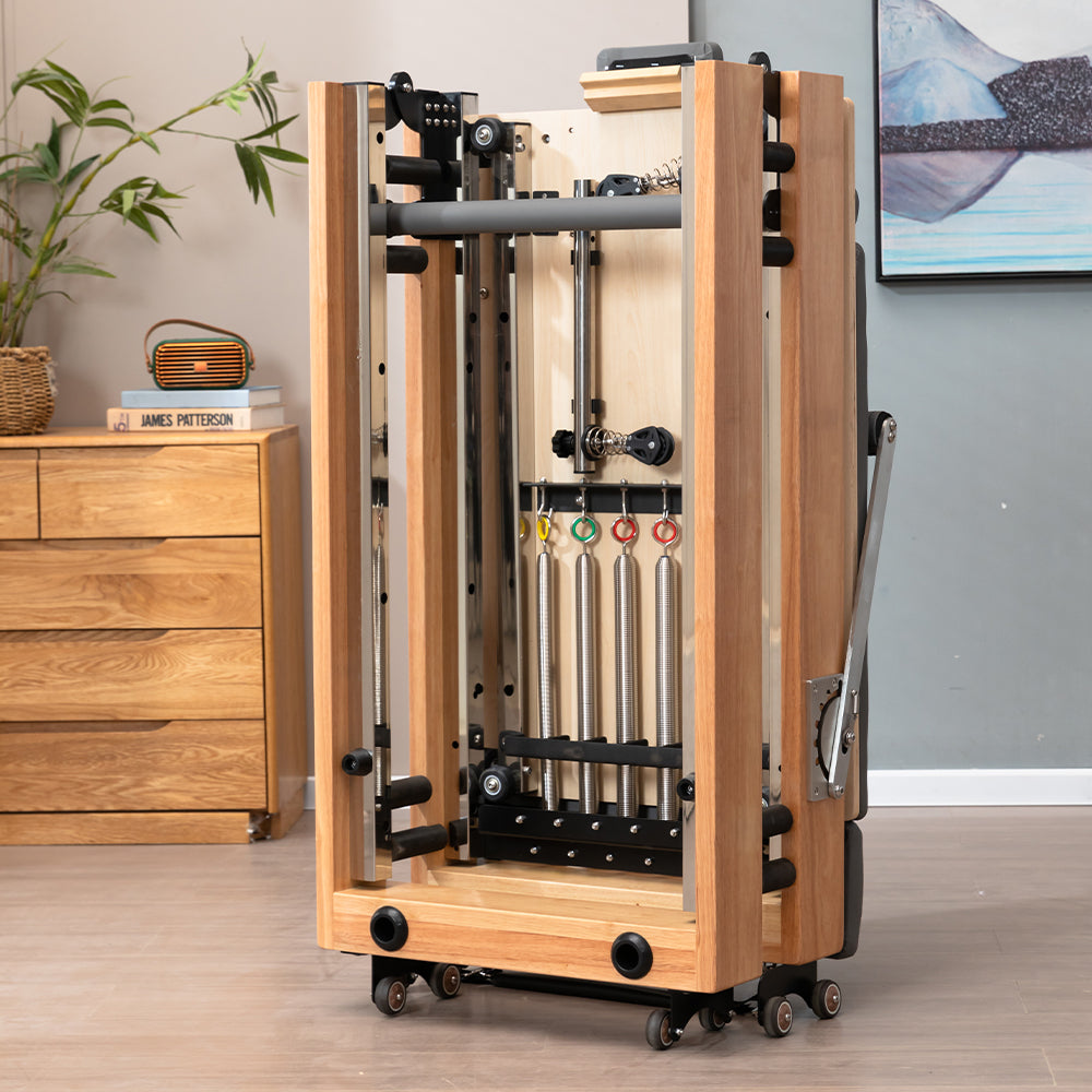 Eeeza Foldable Pilates Reformer for Home Studio, Oak Wood, 6 Springs