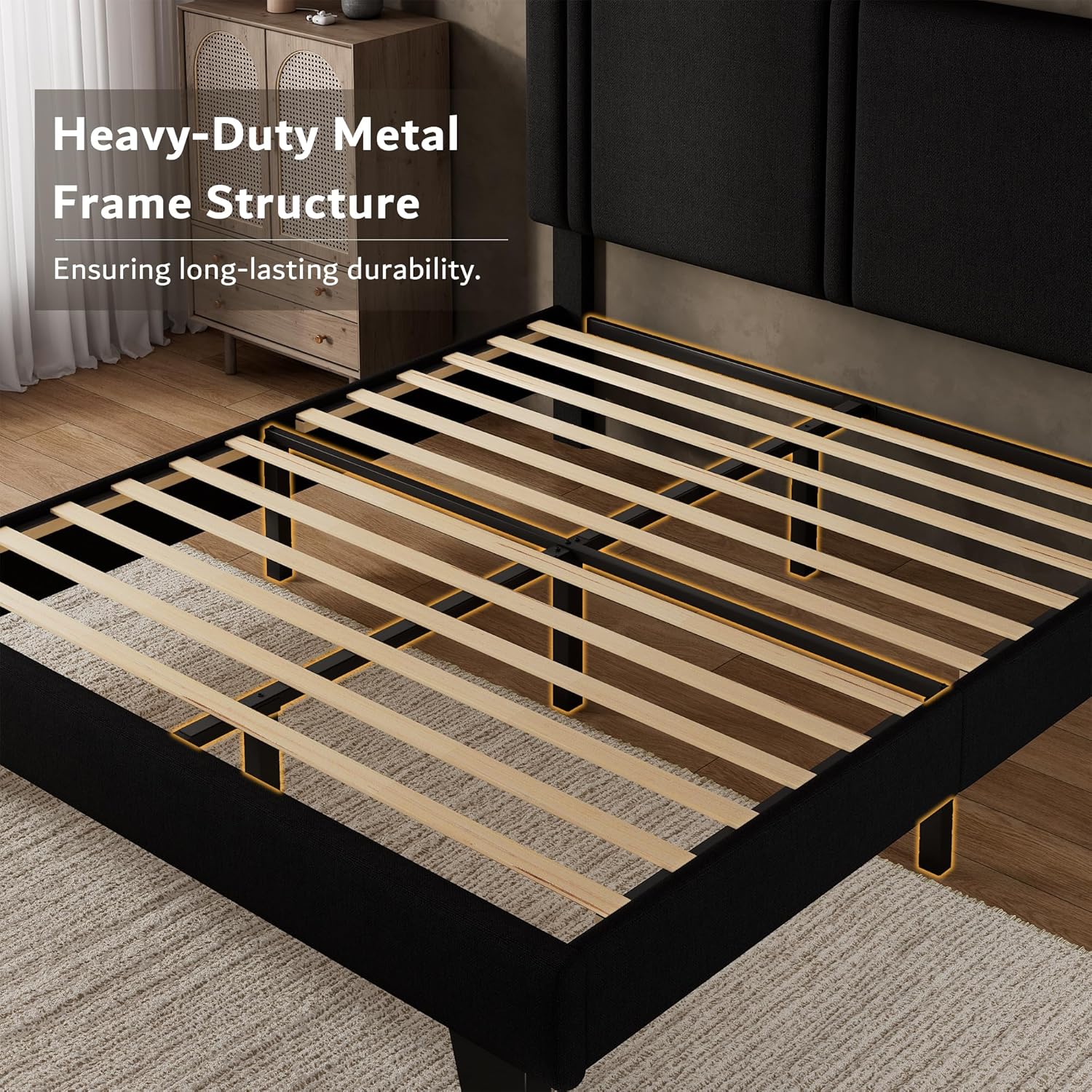 Soft Bed Frame with Headboard, Queen Size, Metal and Linen, Black