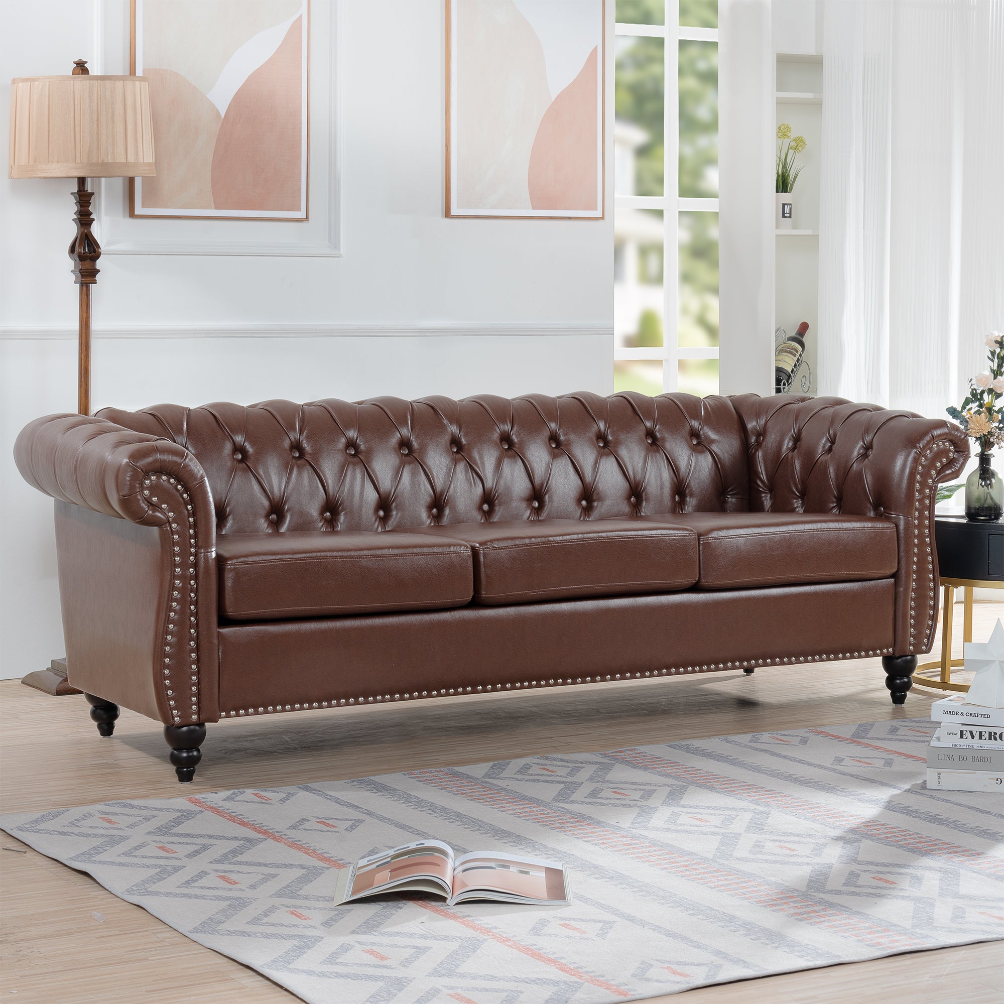 Retro Chesterfield Style Sofa, 3-Seater, PU Leather