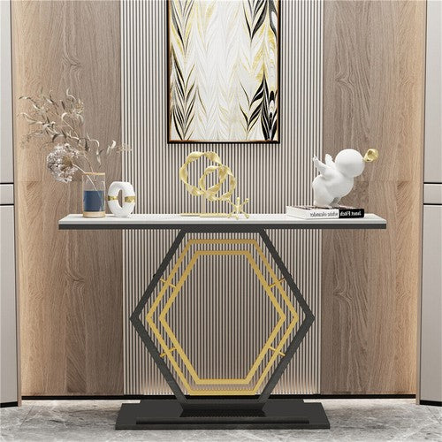 Solid Marble Console Table Entryway Table Hexagon Metal Frame Sofa Behind Table