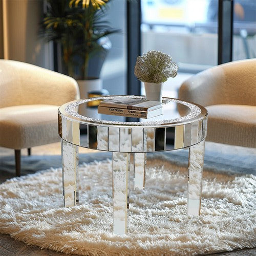 Silver Glass Coffee Table Highly Reflective Mirrored Accent Table Diamond Inlay